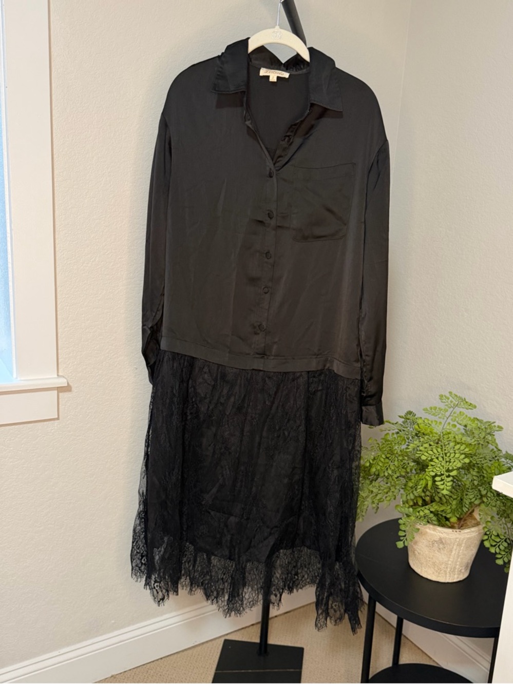 Black Button-Front Long Sleeve Dress with Lace Skirt